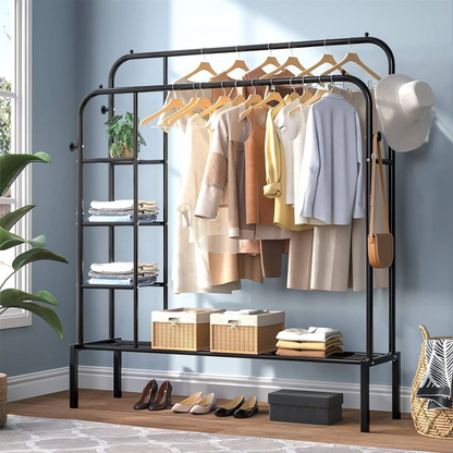Double Clothes Rack with Side Shelves