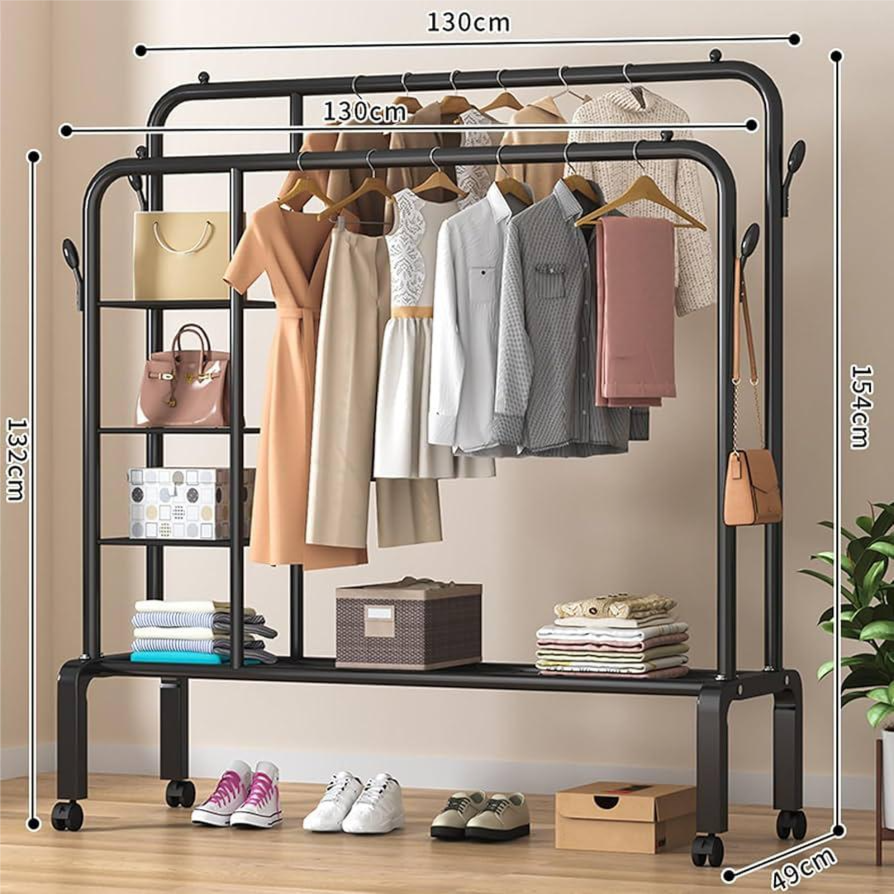 Double Clothes Rack with Side Shelves