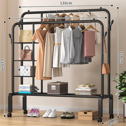 Double Clothes Rack with Side Shelves