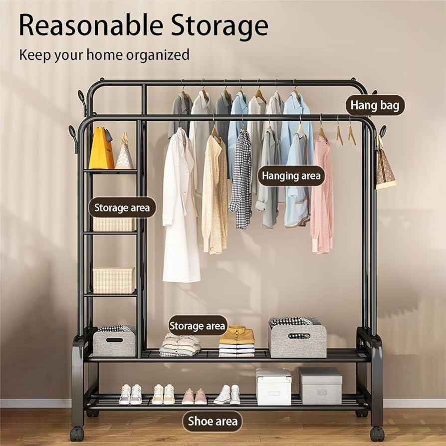 Double Clothes Rack with Side Shelves