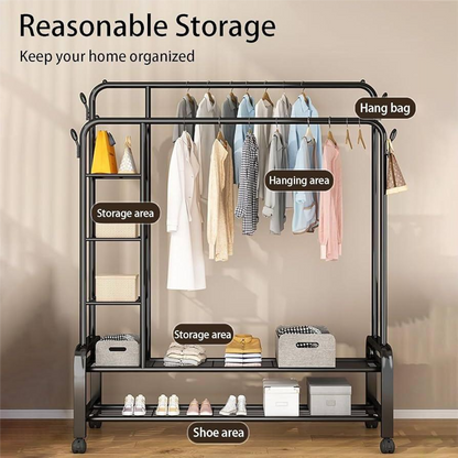 Double Clothes Rack with Side Shelves