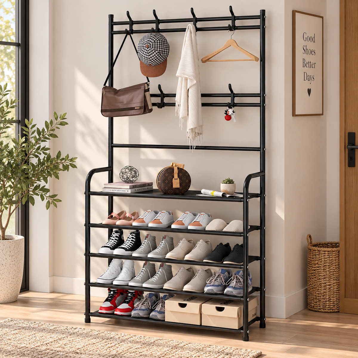 Multi-Function Shoe Rack with Coat & Bag Hooks