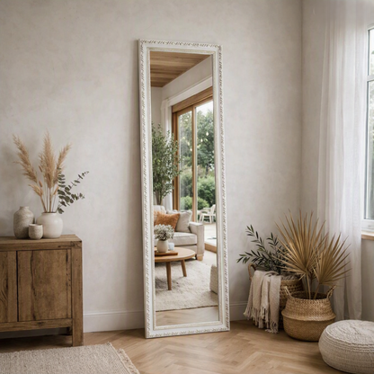 Decorative White Wooden Standing Floor Mirror