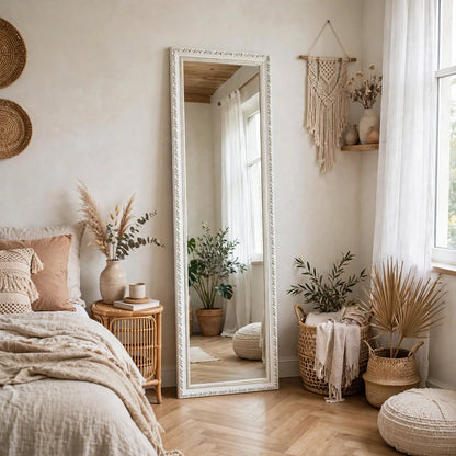 Decorative White Wooden Standing Floor Mirror